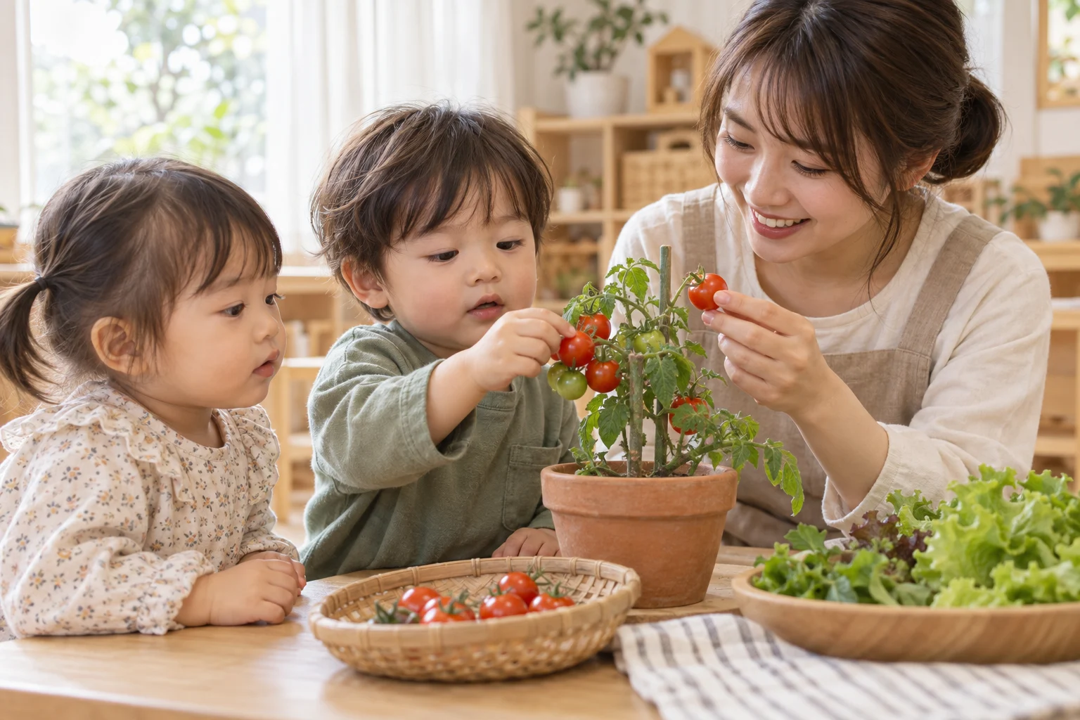 野菜を見て触れて、食の楽しさに出会う子どもたち（AI生成の仮素材・架空の人物と施設）