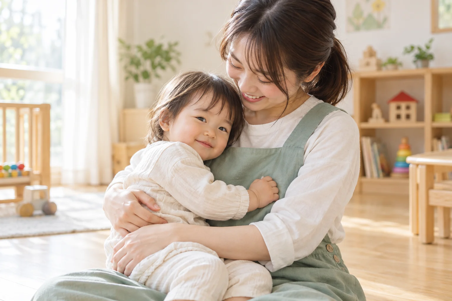 保育者に抱きしめられ、穏やかな表情を見せる乳児（AI生成の仮素材・架空の人物と施設）